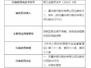 因发放短期无实用贷款等，重庆银行北碚支行被罚50万元