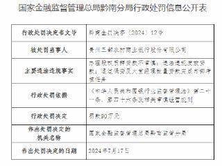 因办理股权质押贷款不审慎等，贵州三都农商行被罚90万元