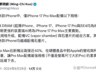 郭明錤爆料：iPhone 17系列仅顶配版有12GB内存