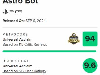《宇宙机器人》游戏上市，评分高达94分和9.6分