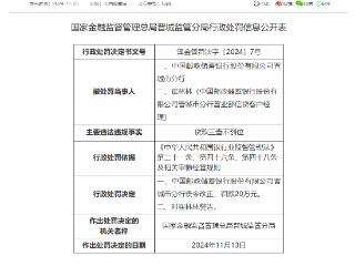 因贷款三查不到位，邮储银行被罚20万元