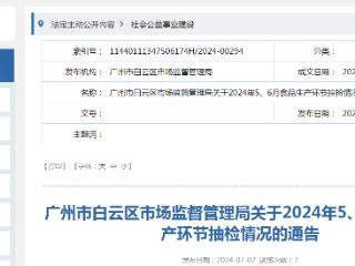 广州市白云区市场监督管理局关于2024年5、6月食品生产环节抽检情况的通告