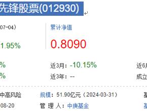 中庚价值先锋股票基金上半年跌13% 规模51.9亿元