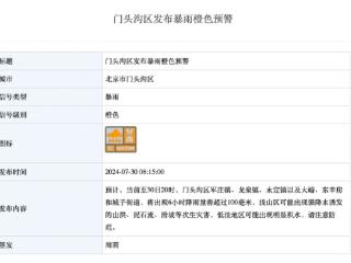 暴雨预警升级为橙色 门头沟这6个镇街6小时降雨量将超过100毫米