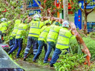 海南省海口市公安局民警清理倒伏树木