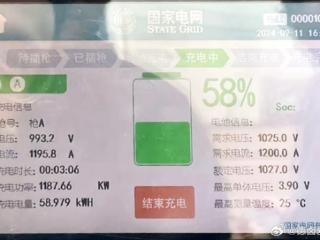 博主展示国内矿卡兆瓦级超充：充电功率1187kW 3分钟充进59度电