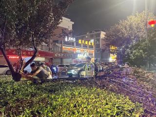 明光：狂风刮断树木阻碍道路 交警雨中清理保畅通