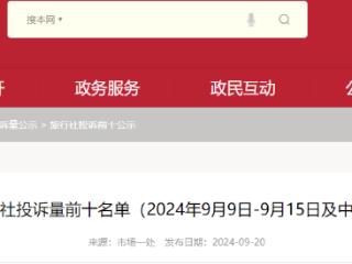 北京市旅行社投诉量前十名单（2024年9月9日-9月15日及中秋节假期）