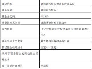 李冠頔离任融通通和债券 增聘雷冠中与王超管理