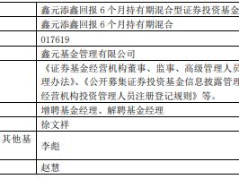 赵慧离任鑫元基金旗下3只基金 增聘徐文祥管理