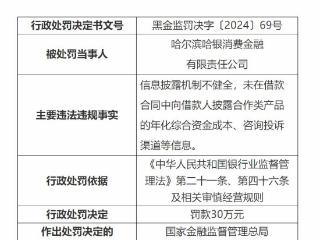 哈银消金违规被罚 第一大股东为哈尔滨银行