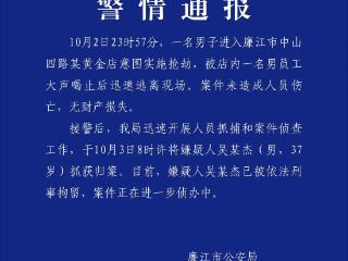 广东廉江警方通报“男子意图抢劫金店”：刑拘