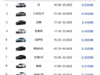 15万级以上中型轿车销量榜：小米SU7排第二 比大众迈腾卖的还多