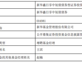 新华鑫日享中短债债券增聘基金经理王滨