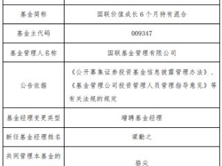 国联价值成长6个月混合增聘梁勤之 成立4年多亏近4成