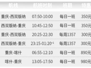 重庆航空将加密重庆至西双版纳等航线 单程最低300元起