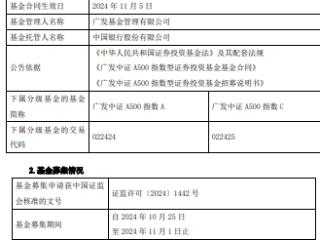 广发中证A500指数基金成立 规模80亿