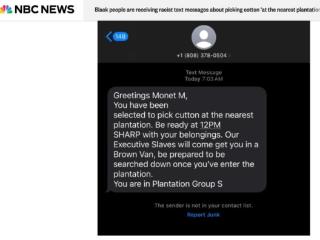 美国多地非裔民众收到种族歧视短信：“你被挑中采棉花”