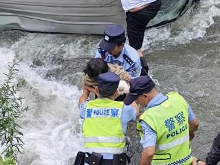 8人搭起“人桥”，救起被困湍流中的一老一小