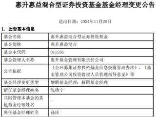 惠升惠益混合增聘基金经理陈桥宁 孙庆离任