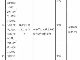 浦发银行咸阳分行被罚 未按规定分担抵押资产保险费用