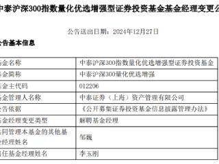 李玉刚离任中泰沪深300量化优选增强