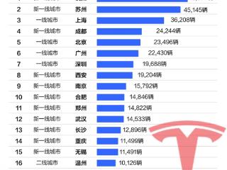 前11月特斯拉城市销量榜：杭州人买的最多 苏州排第二