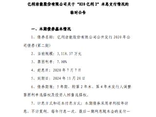 亿利洁能未按时足额偿付本期债券剩余本金和利息