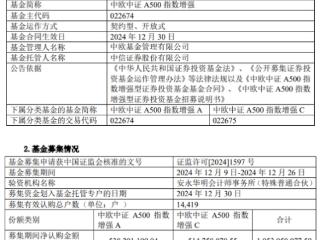 中欧中证A500指数增强成立 募集金额10.53亿元