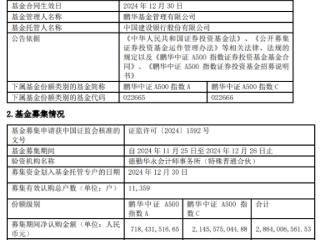 鹏华中证A500指数成立 募集金额28.64亿元