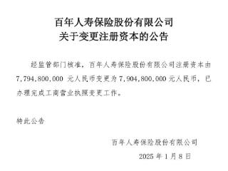 百年人寿增加注册资本1.1亿元至79.048亿元