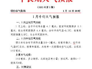 1月中旬烟台预计有一次较强冷空气过程，出现在15日前后