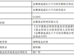 金鹰睿选成长六个月混合增聘梁梓颖 成立1年半亏28%