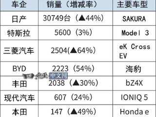 日本2024年EV销量：比亚迪超越丰田