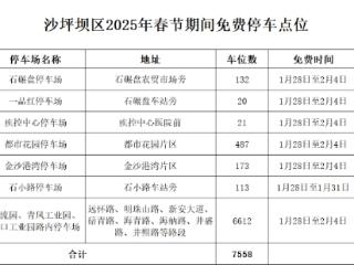 重庆市沙坪坝区：连续八天！春节期间特定区域约7000个停车位免费停放