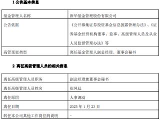 新华基金副总经理兼董事会秘书崔凤廷离任