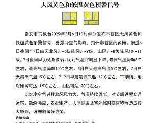 泰安发布大风黄色预警和低温黄色预警信号，请做好防范