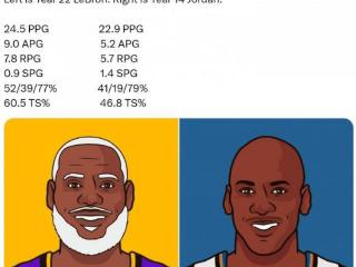 美媒：第22季詹姆斯24.5分&三分39% 第14季乔丹22.9分&19%