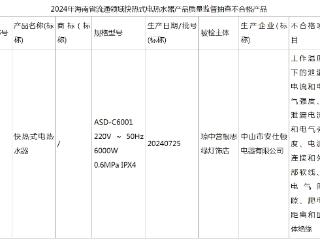 海南公布快热式电热水器产品质量抽检结果：一批次产品不合格