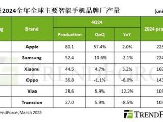 全球手机产量排名：小米稳居国产第一 国补神助攻