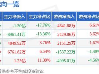 斯莱克（300382）3月11日主力资金净卖出1.30亿元