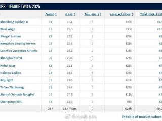 中乙球队身价更新：山东泰山B队以135万欧元排在第一