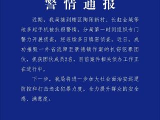 景德镇警方通报“多起手机被扒窃警情”：成功摧毁扒窃团伙