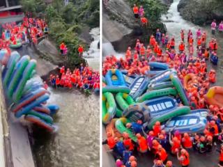 广东黄腾峡漂流现场游客哄抢漂流船，景区：已实施限流并正常开放