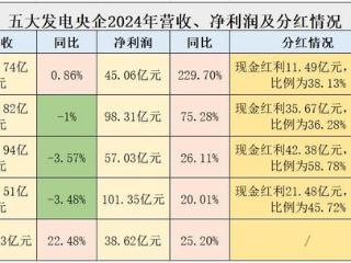 五大发电央企2024年增利不增收，赚300亿分红超百亿