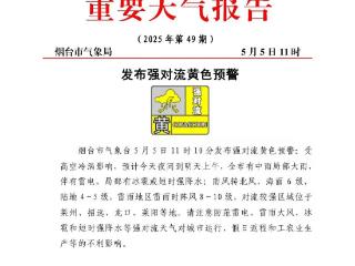 强对流黄色预警！预计5日夜间到6日上午，烟台市有中雨局部大雨