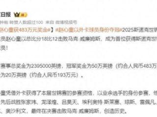 赵心童世锦赛夺冠奖金有多少：约合人民币483万元