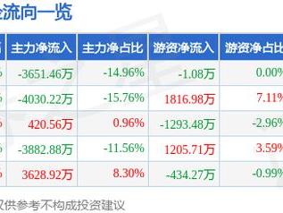 漳州发展（000753）5月9日主力资金净卖出3651.46万元