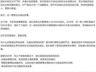 国际乒联：去年收入超5200万美元，WTT首次实现盈利