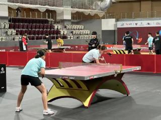 多哈世乒赛栗色球台亮相，国乒队员提前尝鲜
